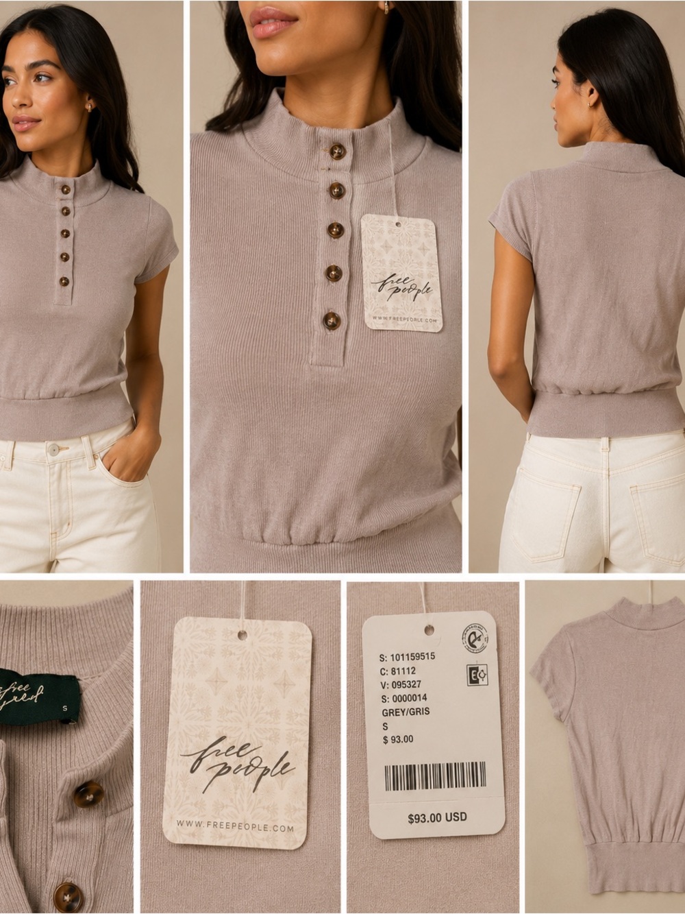 FREE PEOPLE- Women's Grey Short-Sleeve Mock Neck Button Top